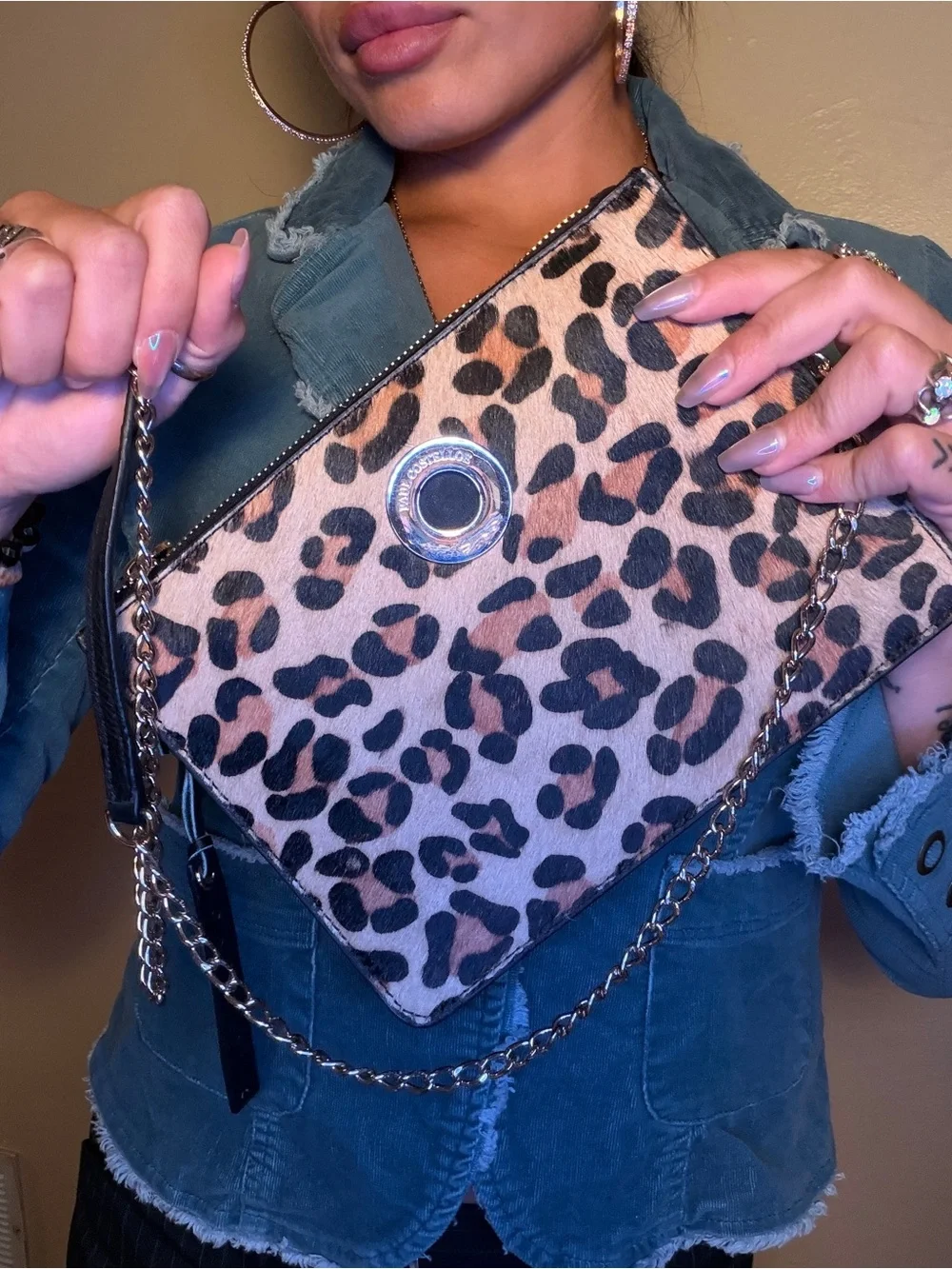 Leopard Print Crossbody Bag with Chain Strap - Black and Tan